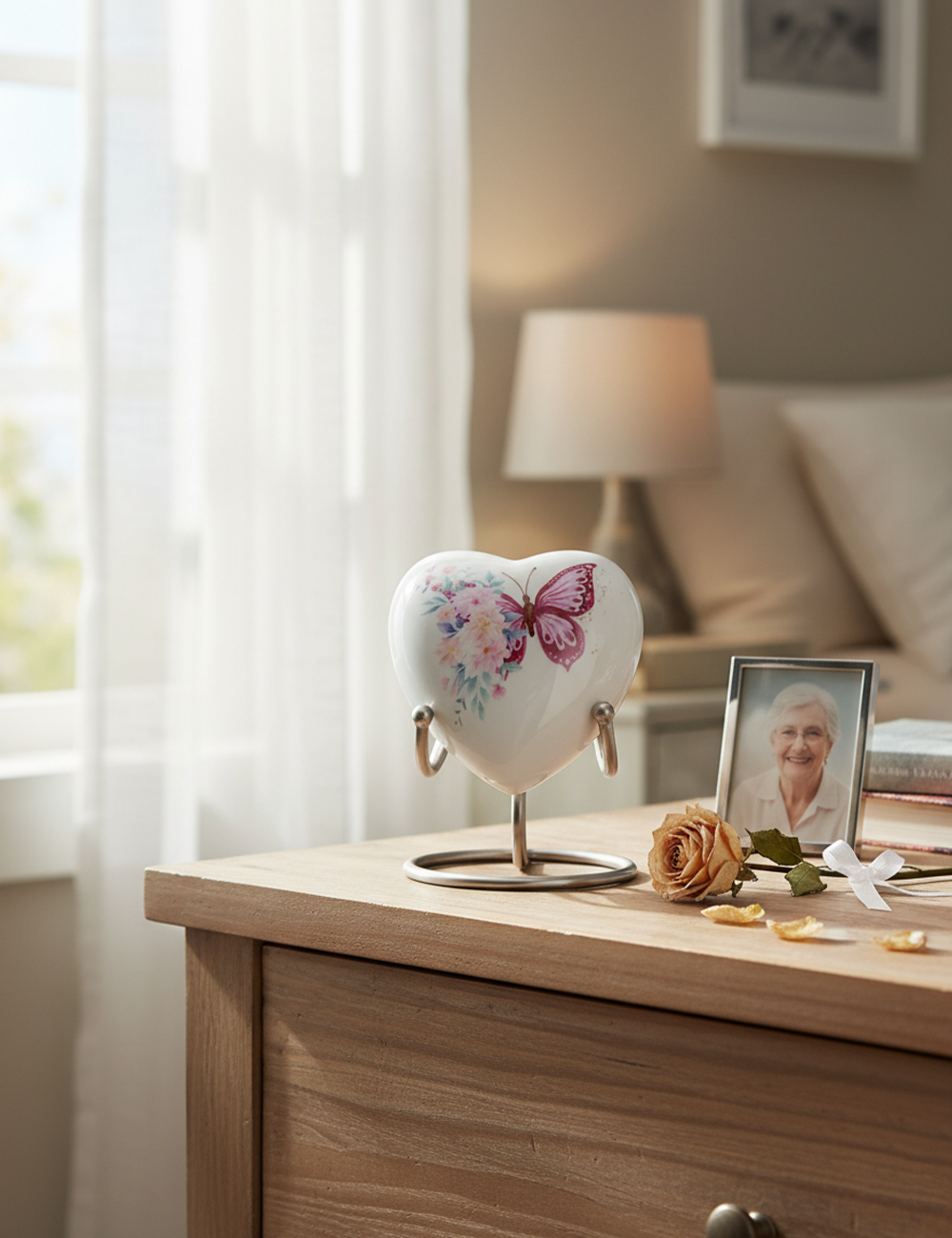 HN6031-Heart-Shaped Metal Cremation Urn with Pink Butterfly Enamel Print HN6031-Heart-Shaped Metal Cremation Urn with Pink Butterfly Enamel Print - Image 1