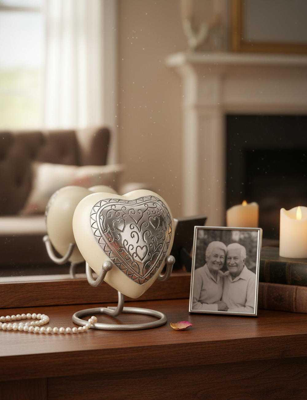 HN6033-Heart-Shaped Metal Cremation Urn with Off White Enamel with Silver Heart HN6033-Heart-Shaped Metal Cremation Urn with Off White Enamel with Silver Heart - Image 1