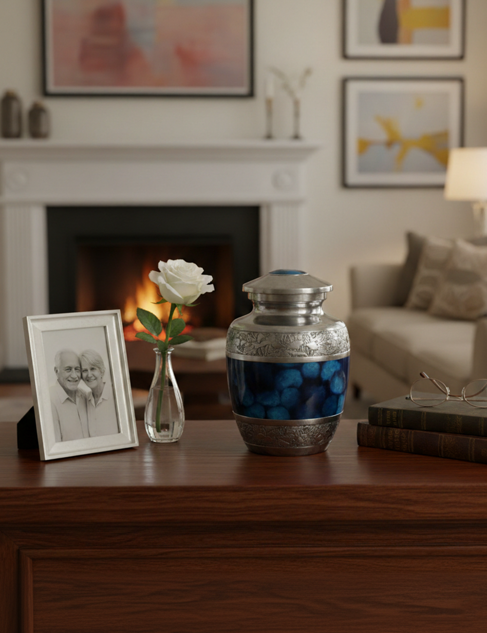 NU1000-Cremation Urn Silver Embossing with Blue Fire Design NU1000-Cremation Urn Silver Embossing with Blue Fire Design - Image 1